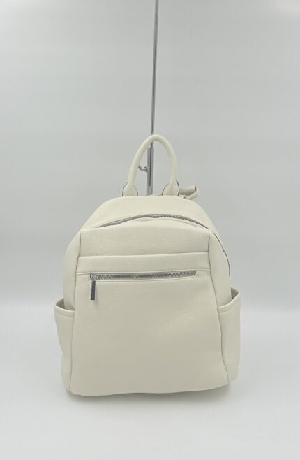 Дамска раница от еко кожа светло бежова с цип и сребристи елементи MD Style