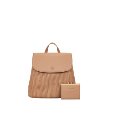 Дамска раница от висококачествена еко кожа Chrisbella + портмоненце в тъмно бежов/ бежово – кафяв цвят – код: CB2504-3-2 MD Style